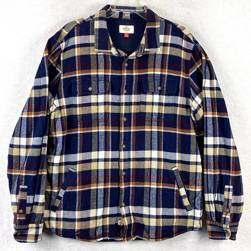 Marine Layer Flannel Shirt Mens L Blue Plaid Signature Lined Heavyweight Preppy
